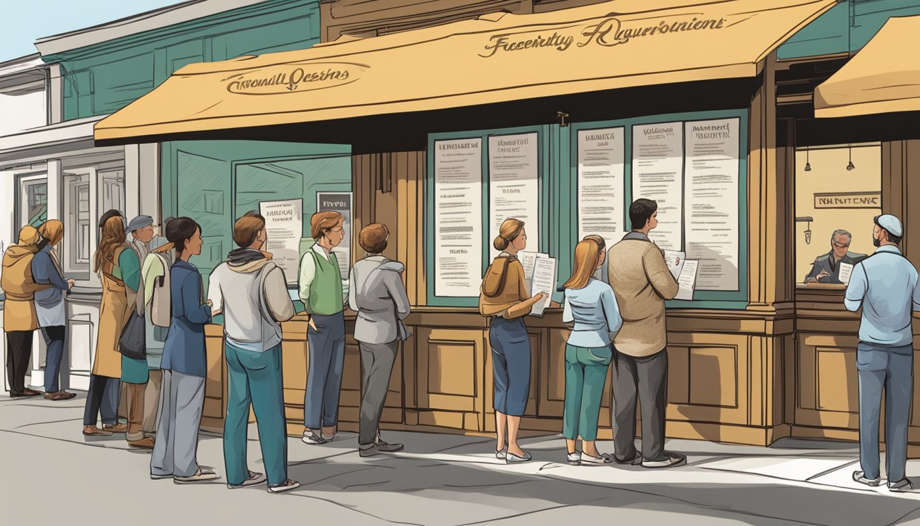 Customers lining up outside Prema restaurant, reading a sign titled "Frequently Asked Questions" with a list of common inquiries about the menu and service