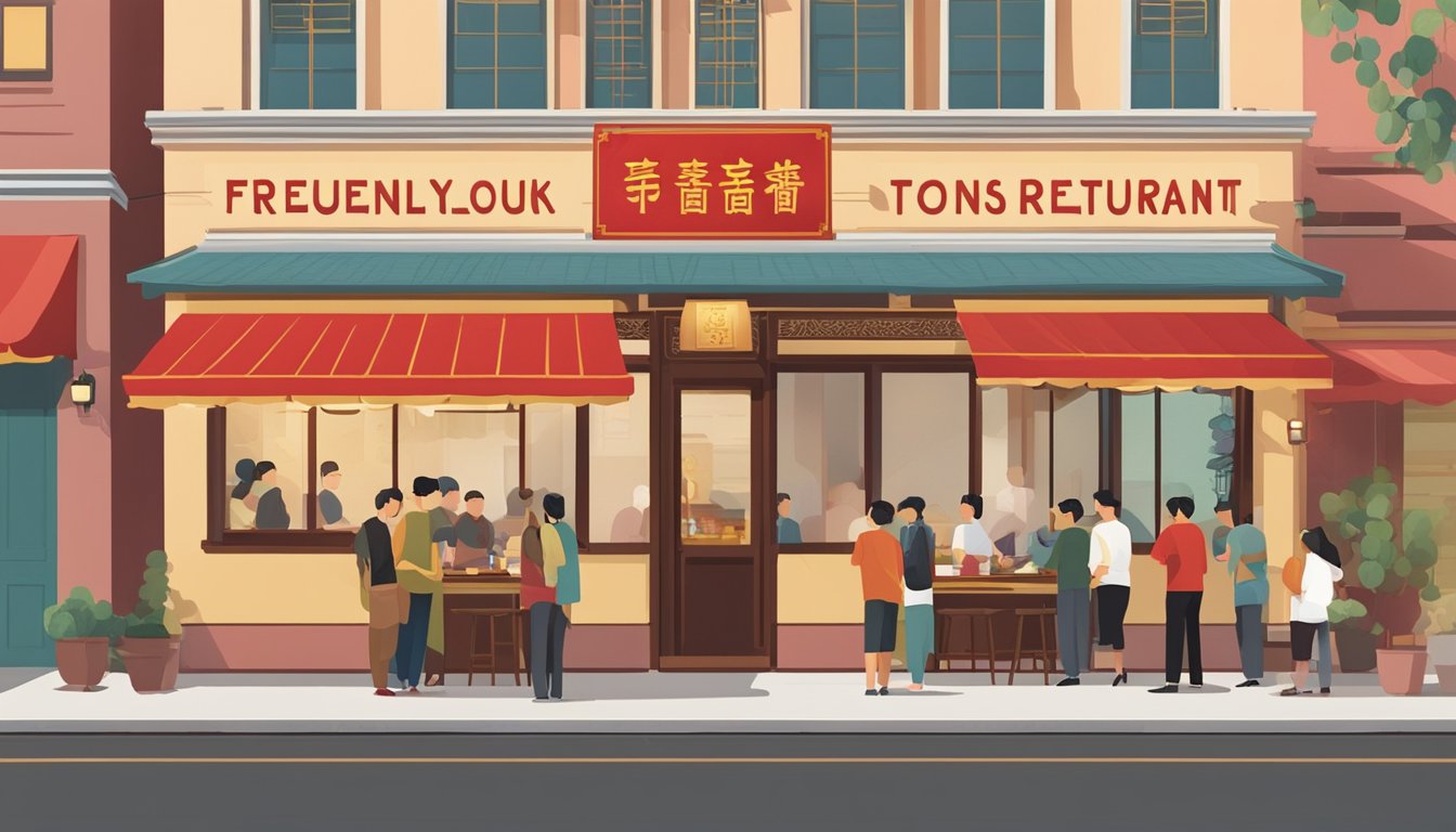 Customers line up outside a traditional Chinese restaurant with a red and gold sign that reads "Frequently Asked Questions tong lok chinese restaurant." Aromatic steam rises from the open kitchen window