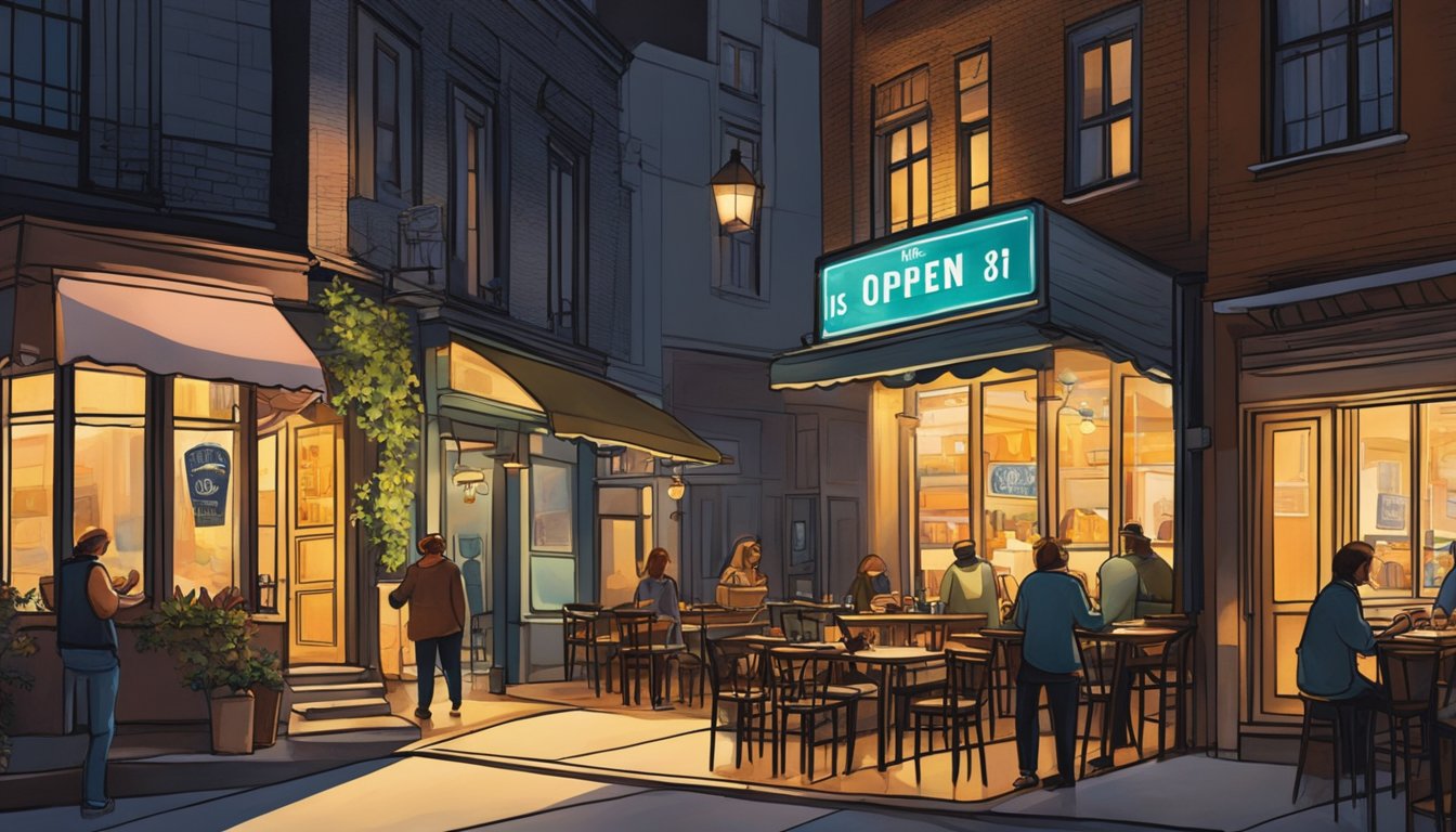 The street is lined with glowing restaurant signs, indicating they are open till late. The warm light spills out onto the sidewalk, inviting passersby to come in and enjoy a late-night meal