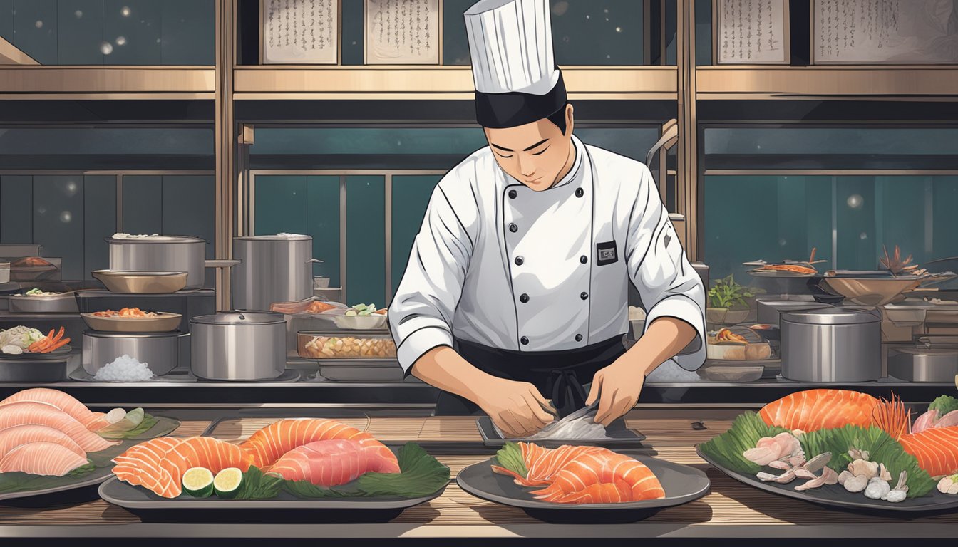 A chef prepares a stunning array of fresh seafood and delicately sliced sashimi at an intimate omakase restaurant in Singapore