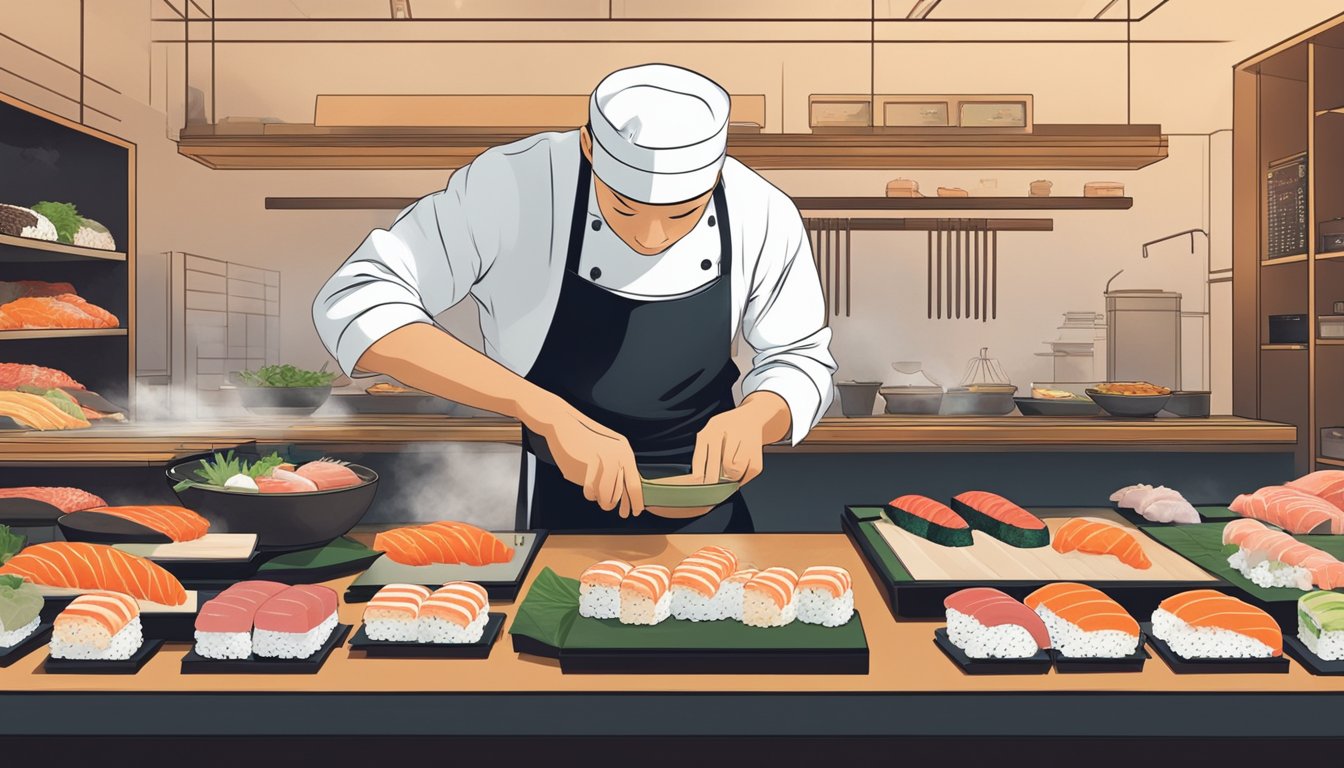 A chef prepares a variety of fresh, high-quality sushi and sashimi on a traditional wooden counter in a sleek, minimalist omakase restaurant in Singapore