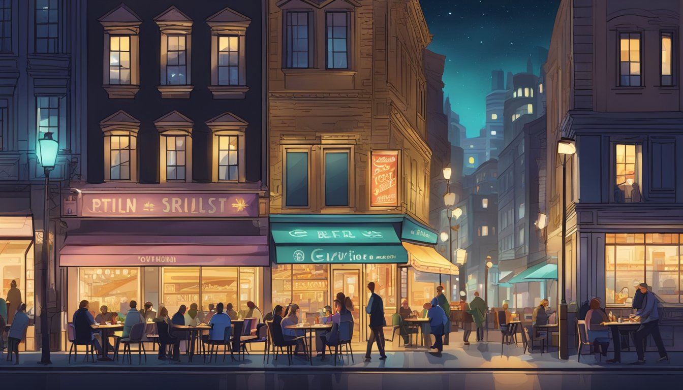 A bustling city street at night, with glowing restaurant signs and people enjoying late-night meals