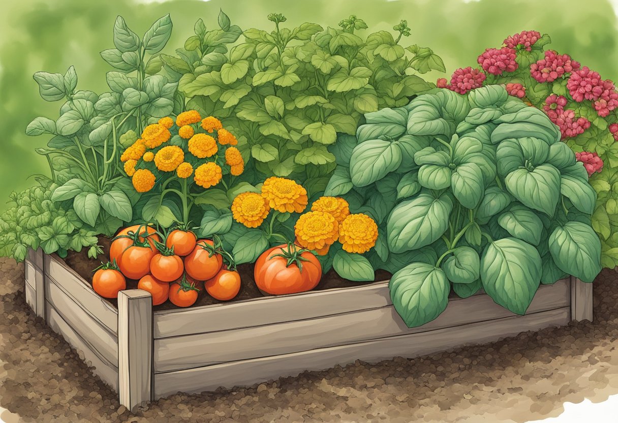 Various plants such as tomatoes, basil, and marigolds are intermingled in a garden bed, demonstrating the concept of companion planting for organic gardening success