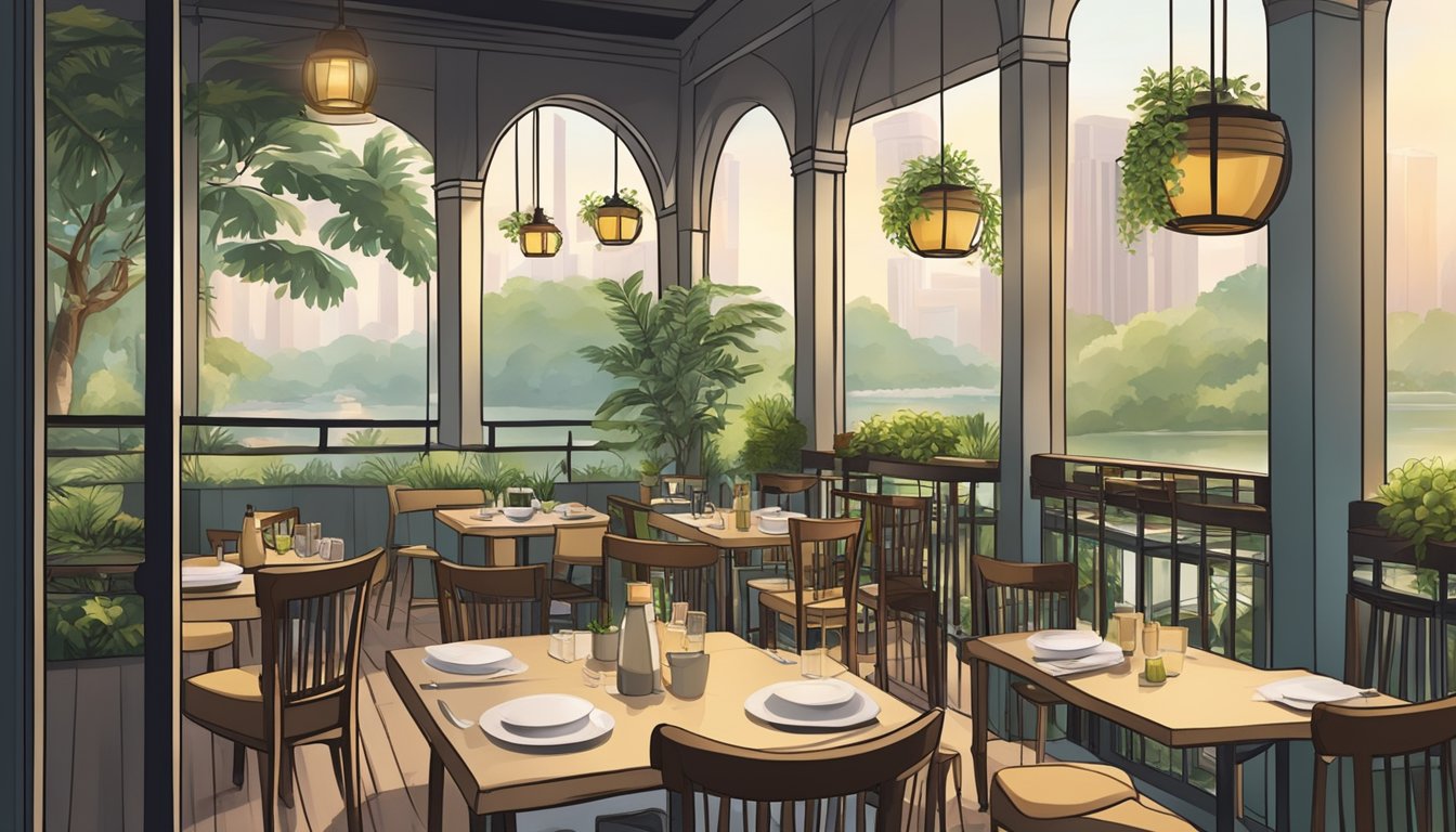 A serene dining scene in Singapore, with cozy and tranquil restaurants nestled in peaceful settings, offering a serene and inviting atmosphere for patrons to enjoy their meals