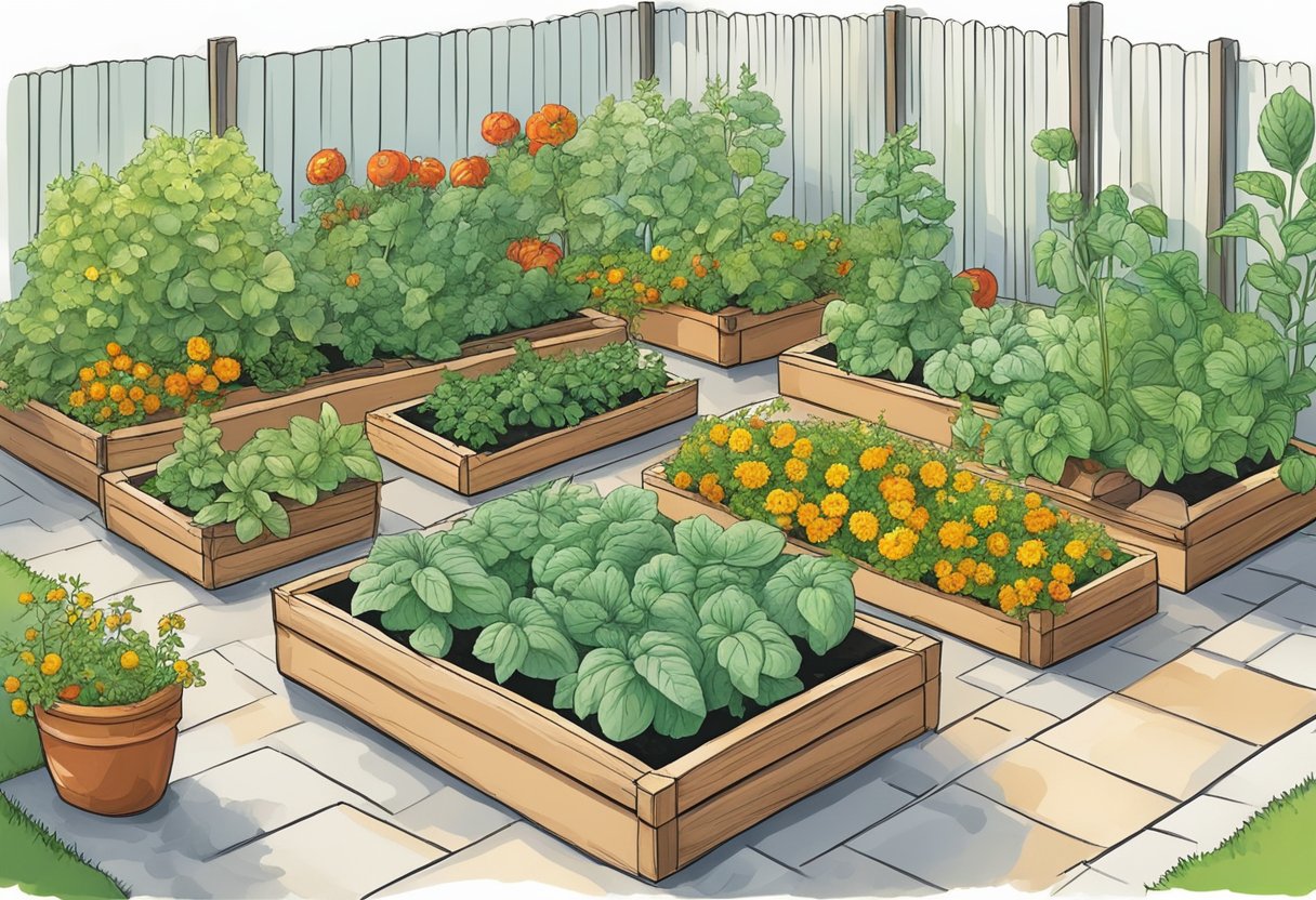 A garden with intermingling plants like tomatoes and basil, marigolds and cucumbers, showcasing companion planting strategies for organic success