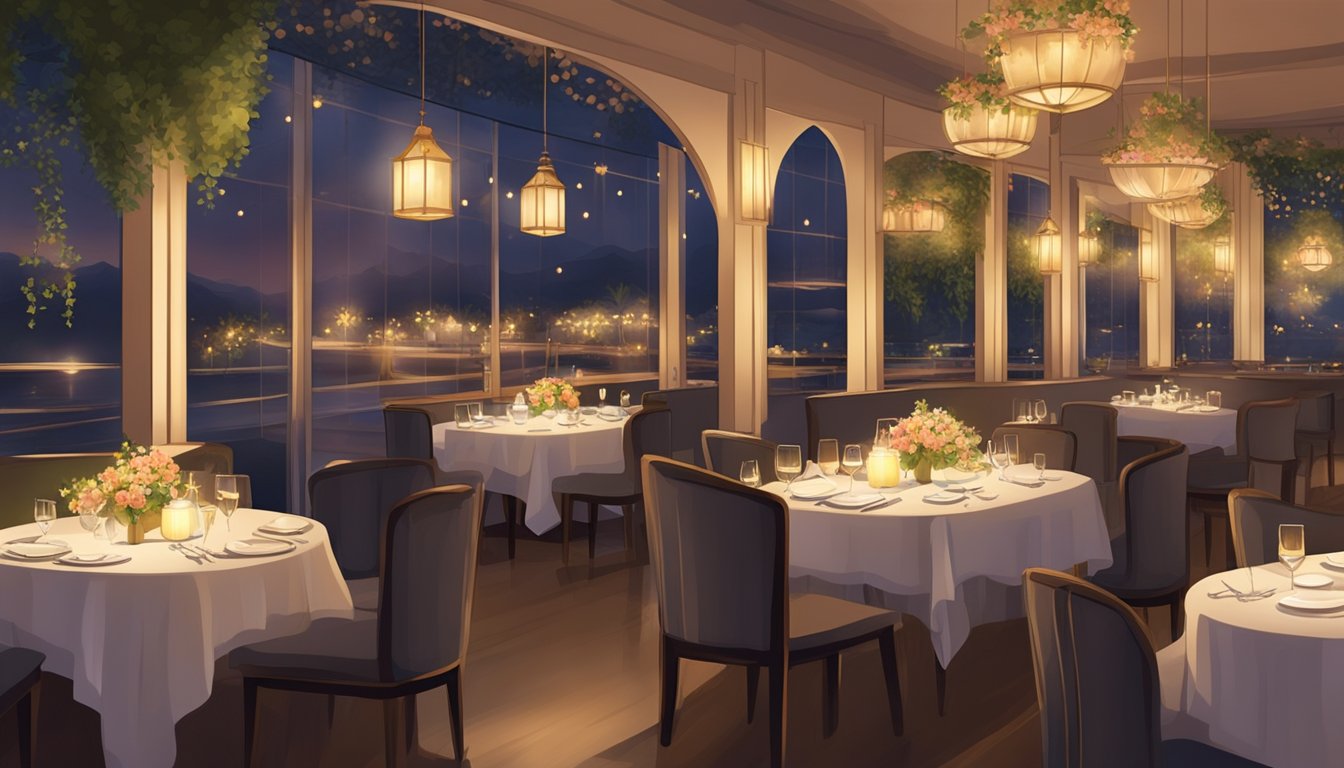 A serene restaurant with dim lighting, soft music, and elegant decor. Tables are adorned with flickering candles and delicate flowers, creating a peaceful ambiance for patrons to savor their meals