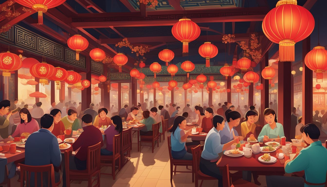 Customers enjoying a variety of traditional Chinese dishes in a bustling, vibrant restaurant filled with red lanterns and ornate decorations