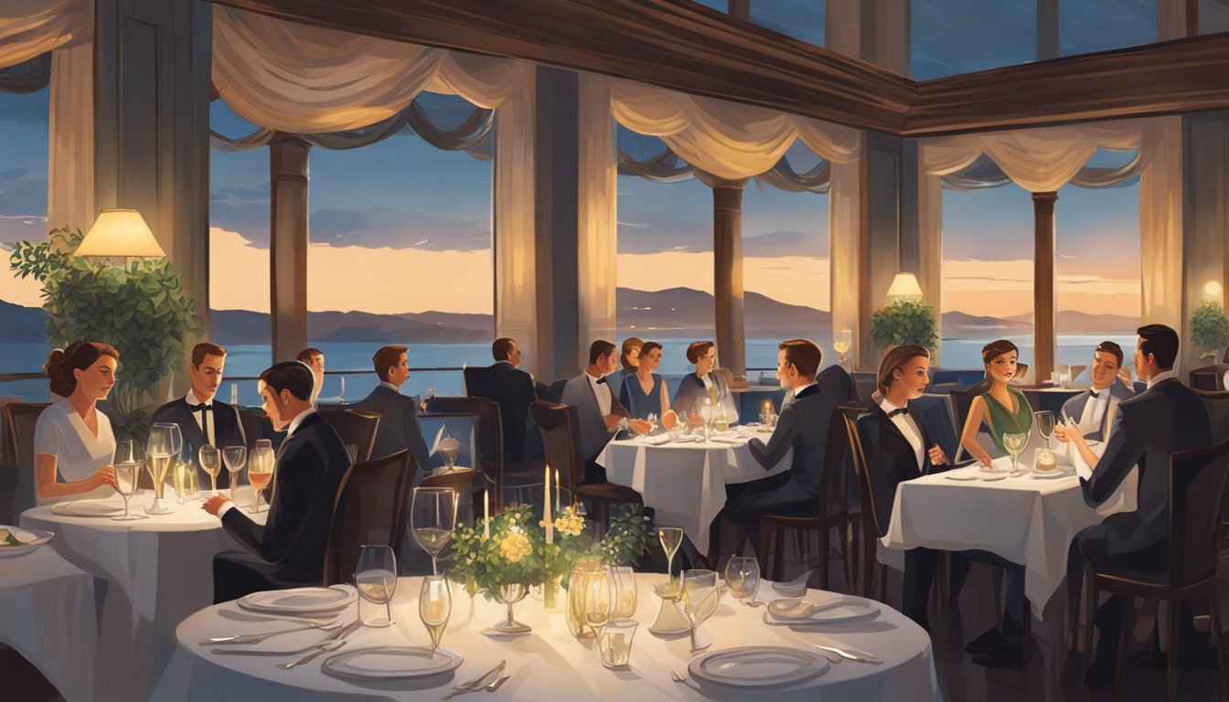 A bustling restaurant with elegant decor, dim lighting, and a view of the ocean. Tables are set with white tablecloths and sparkling glassware, while waitstaff move gracefully between the diners
