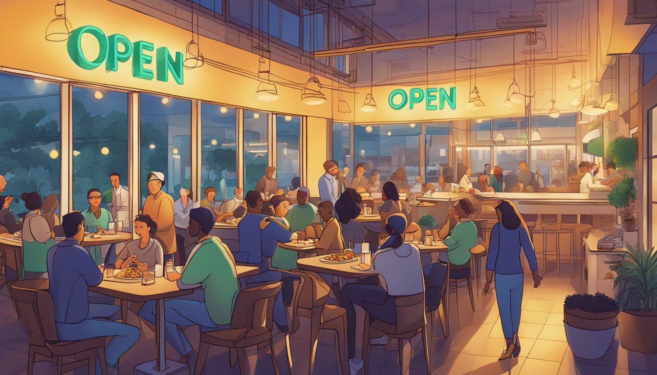 A bustling restaurant with a glowing "Open" sign, surrounded by people dining and staff busy at work