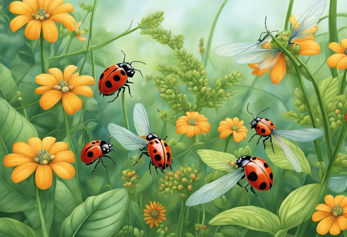 A garden with ladybugs, praying mantises, and birds eating pests off plants. No chemical sprays or traps are visible