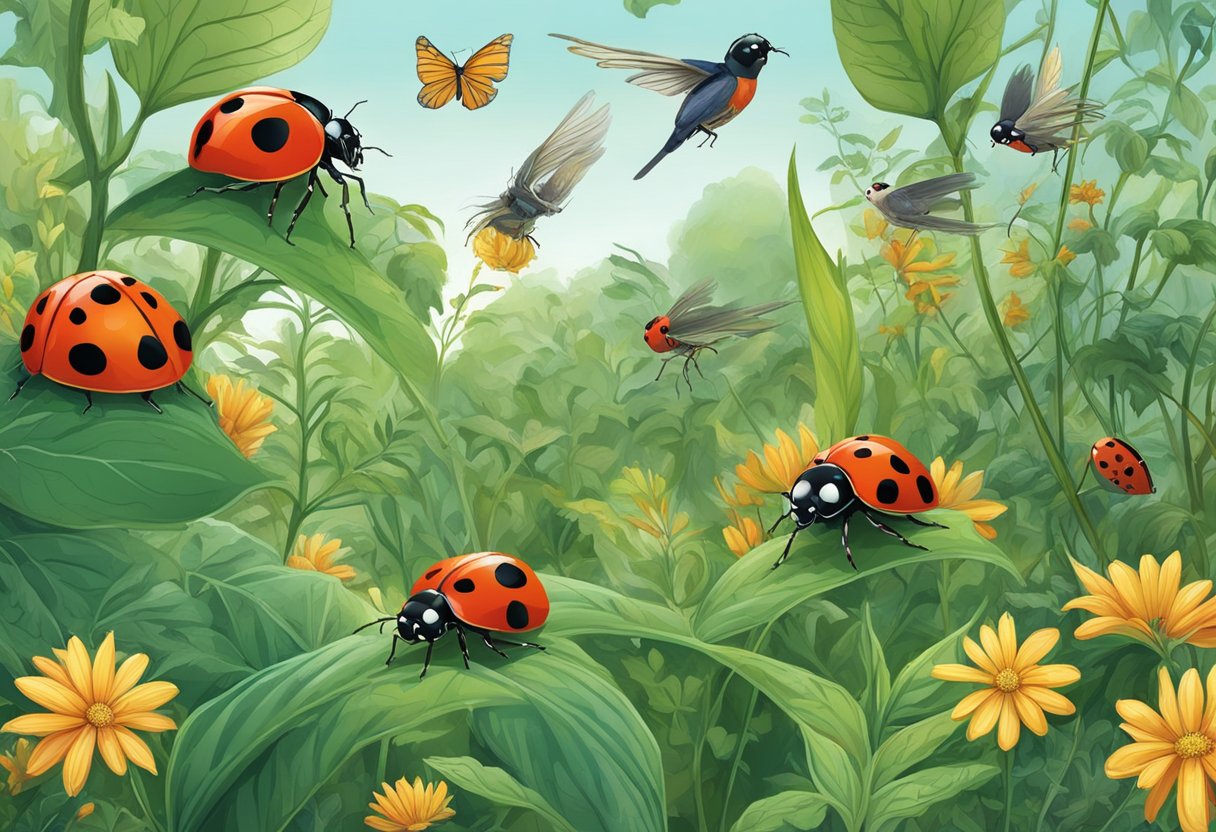 A lush garden with ladybugs, spiders, and birds hunting pests. Plants show signs of predator activity, such as chewed leaves and webs