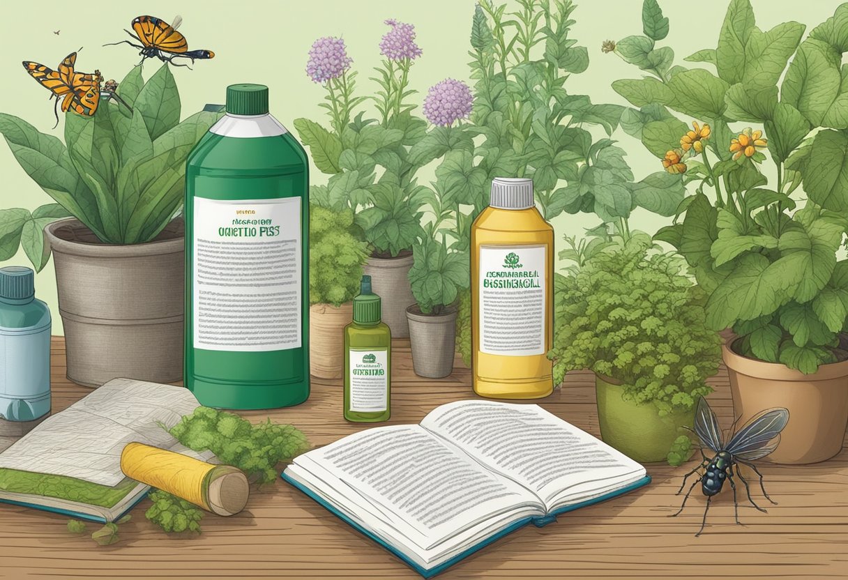 A garden with plants and insects. Bottles of botanical insecticides and repellents displayed on a table. A book titled "How to Control Pests Organically: Natural Solutions" open nearby