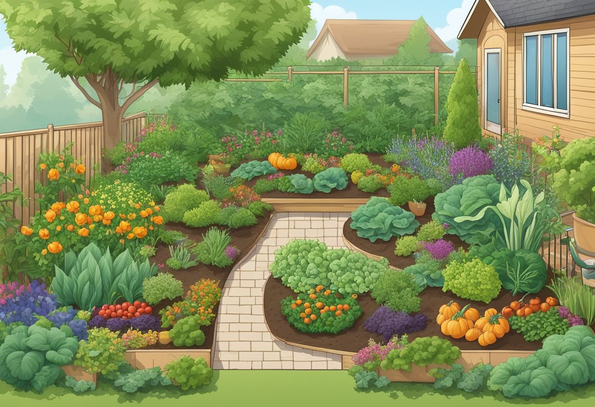 A garden with various plants and vegetables, surrounded by natural pest control methods such as companion planting, mulching, and physical barriers