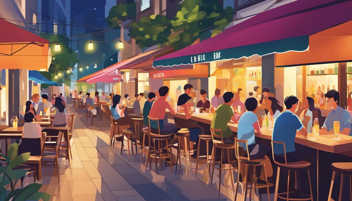 People enjoying wine at outdoor tables in a bustling Singapore wine bar district. Brightly lit signs and colorful decor create a lively atmosphere