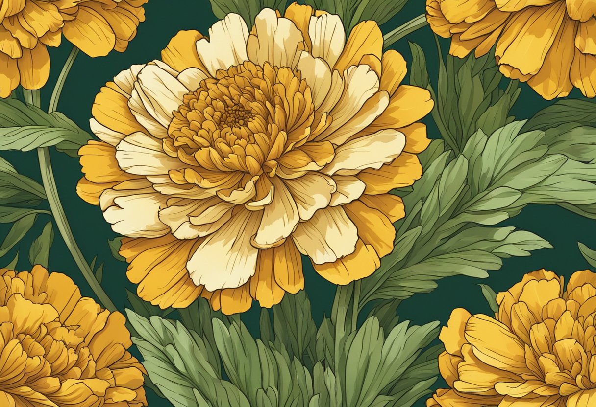 A vibrant marigold blooms in a sun-drenched garden. Its golden petals unfurl, reaching towards the sky, while delicate green leaves sway in the breeze