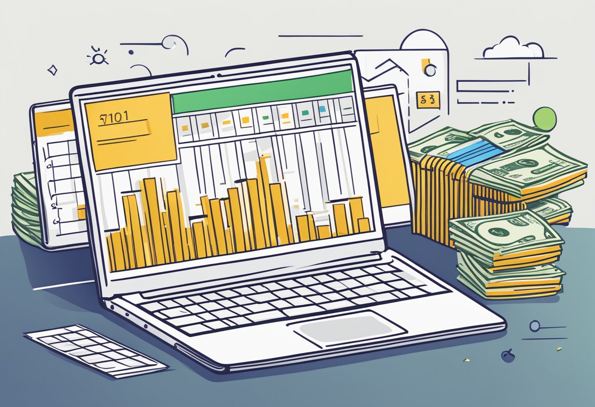 A laptop surrounded by stacks of cash, a chart showing exponential growth, and a calendar with dates circled