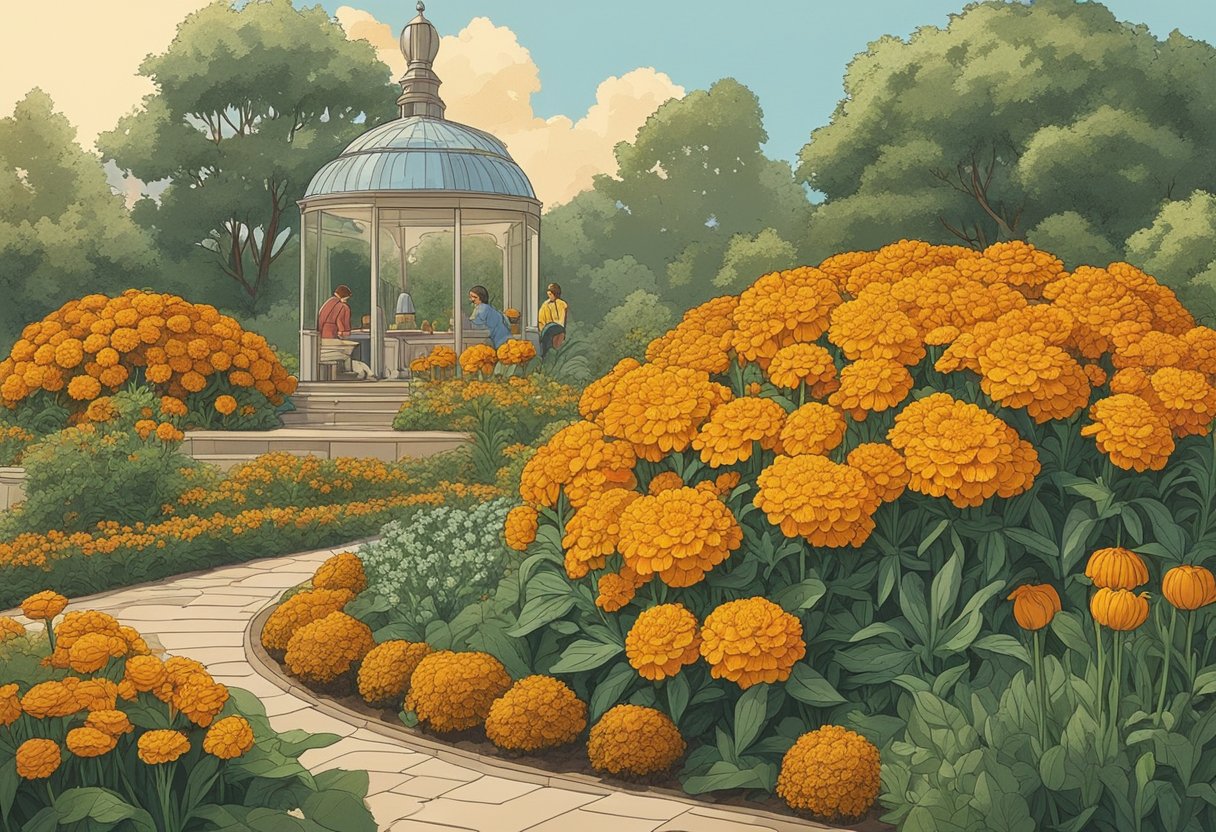 A group of marigold flowers blooming in a garden, with people discussing baby names nearby