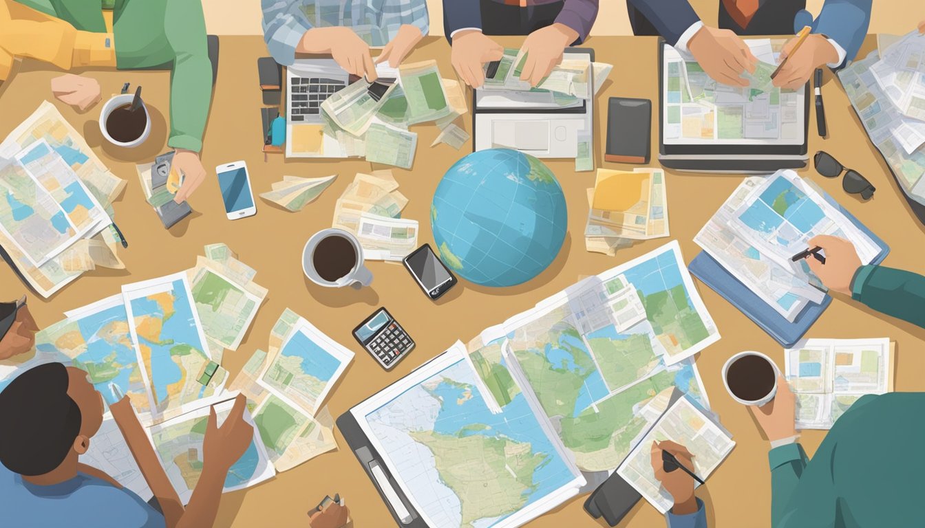A group of friends sits around a table with maps and travel guides, discussing the cost breakdown of a trip to North America. Money, calculators, and notes are scattered across the table