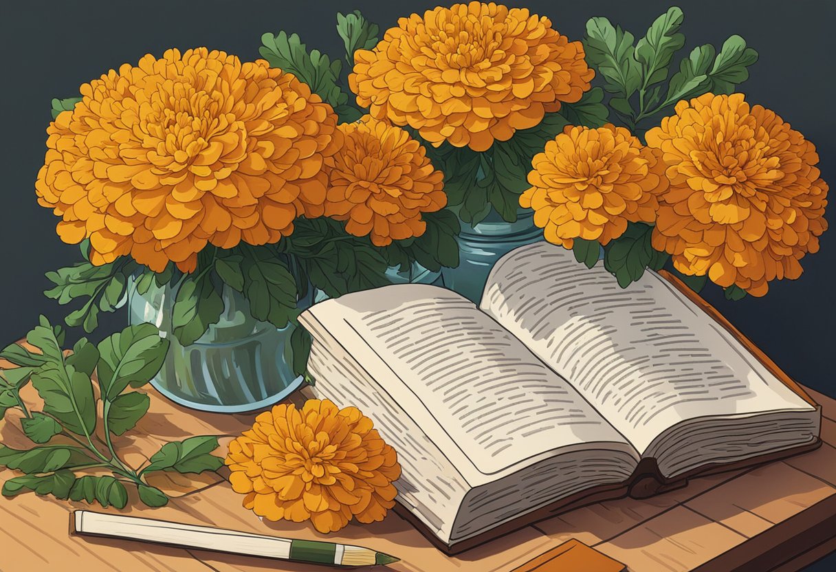 A bouquet of vibrant marigolds sits on a table, with a book of baby names open beside it