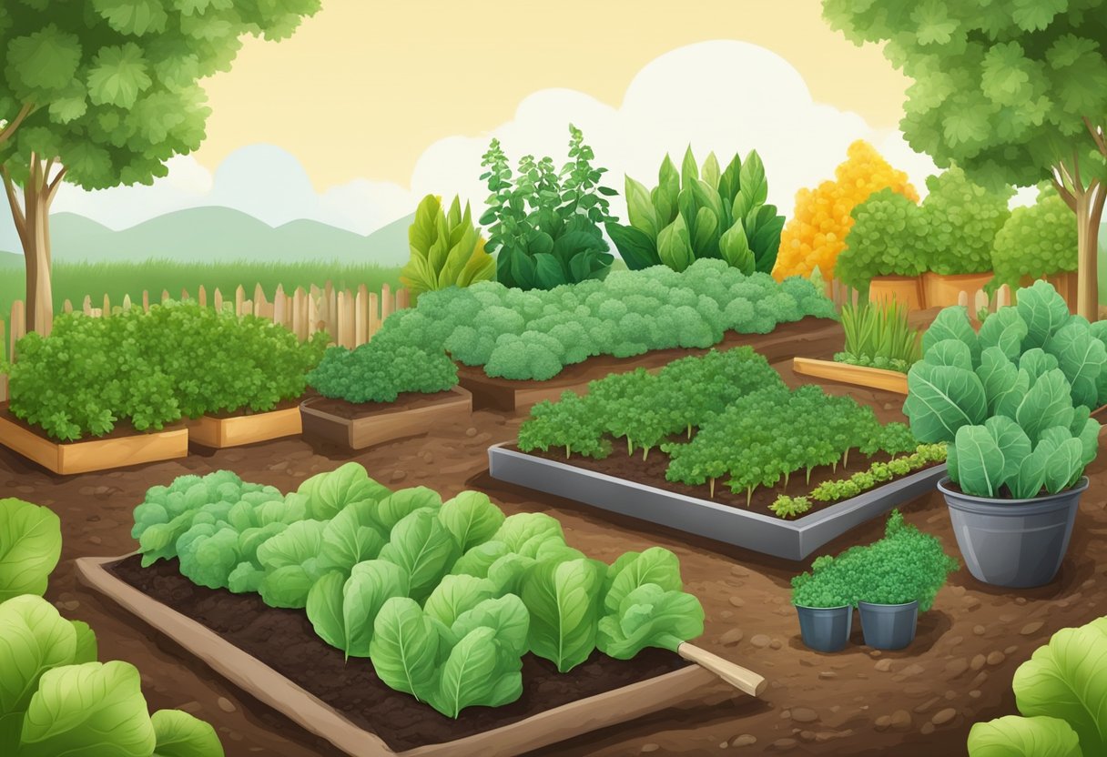 A flourishing vegetable garden with a variety of crops in different stages of growth, surrounded by well-maintained soil, tools, and a guidebook