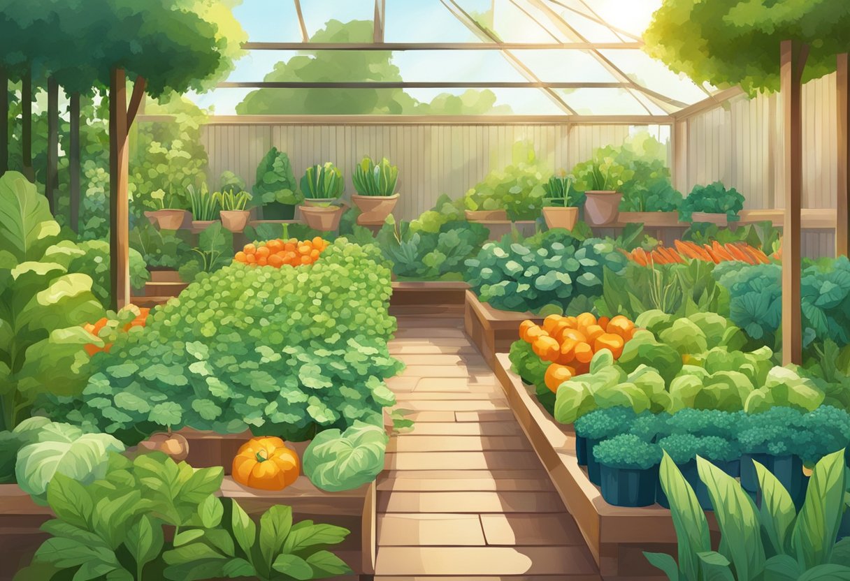 Lush garden with rows of vibrant vegetables, tools, and a detailed guidebook. Sunlight filters through the leaves, creating a serene atmosphere