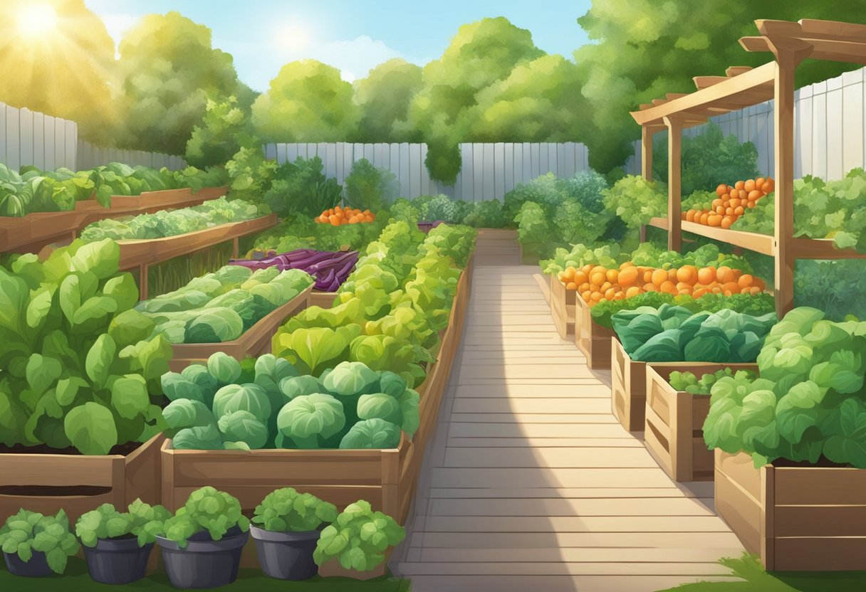 Lush garden with rows of vegetables, labeled signs, and a variety of tools neatly arranged. Sunlight filters through the leaves, creating a warm, inviting atmosphere