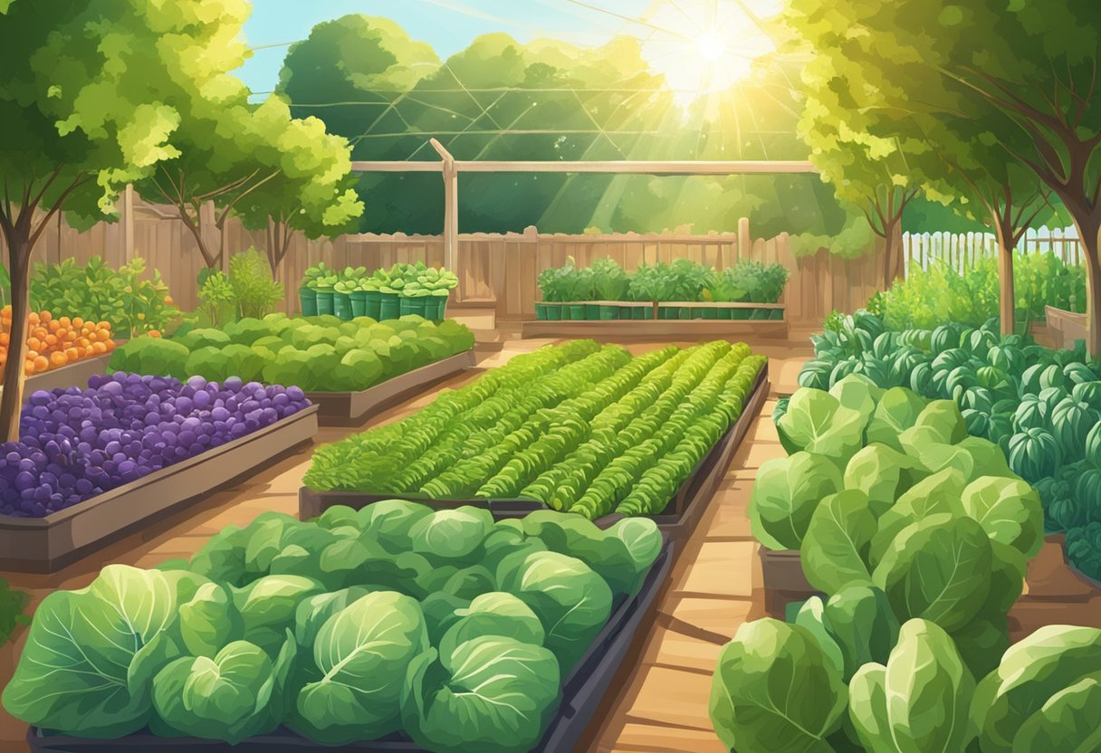 Lush garden with rows of various vegetables, labeled signs, and tools neatly arranged. Sunlight filters through the leaves, highlighting the vibrant colors of the plants