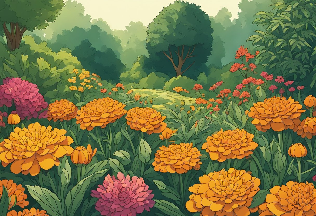 A vibrant marigold flower blooms in a garden, surrounded by other colorful blooms and green foliage. The sun shines down, casting a warm glow on the scene
