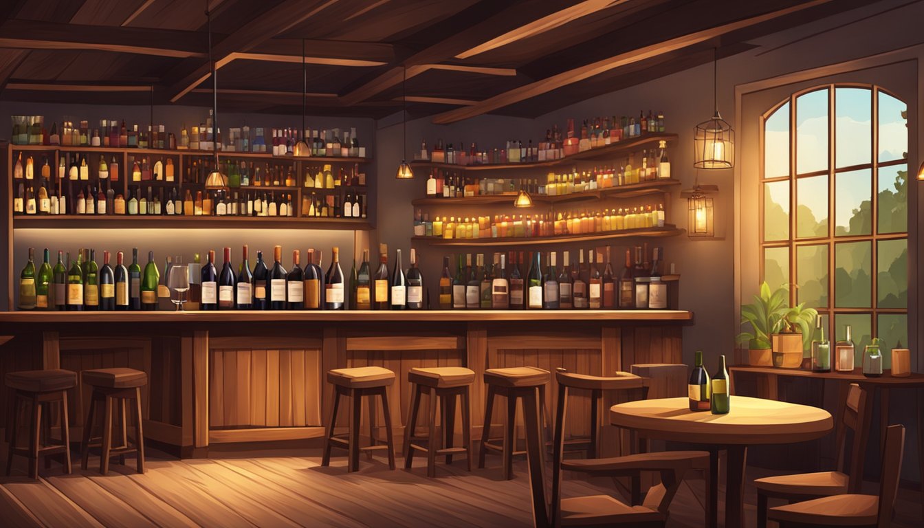 A cozy wine bar with dim lighting, rustic wooden tables, and shelves lined with bottles of wine. A warm, inviting atmosphere with soft music playing in the background