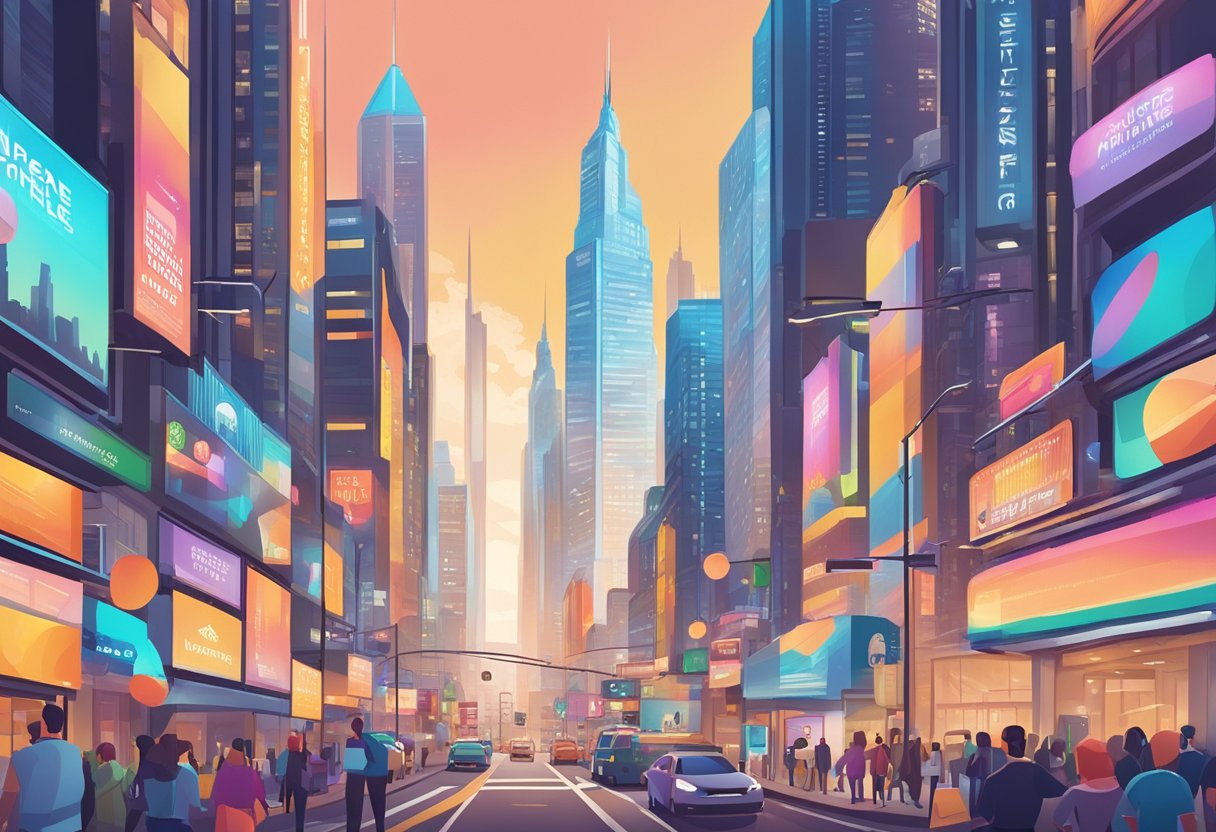 A vibrant cityscape with skyscrapers and bustling streets, featuring a prominent billboard advertising the "Mastering Product Promotion Super Affiliate Side Hustle Review."