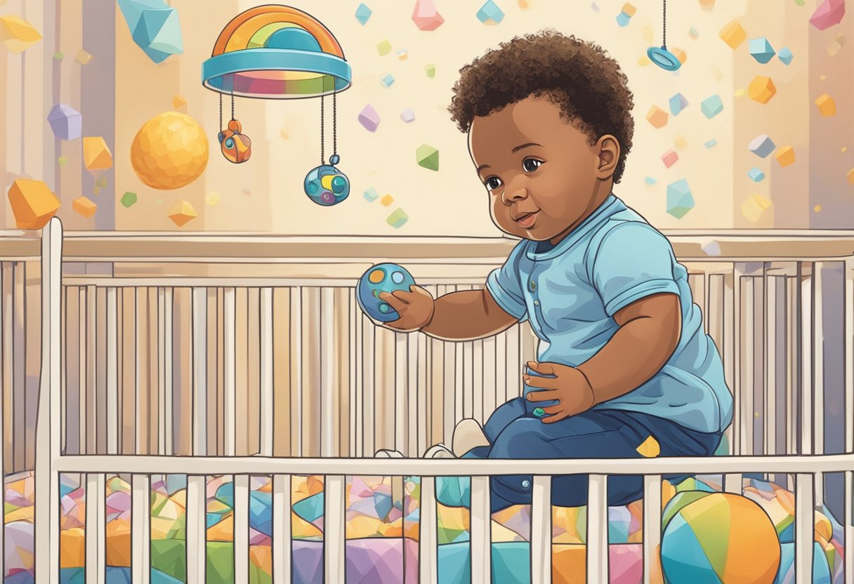 A baby named McCoy playing with a colorful mobile above their crib