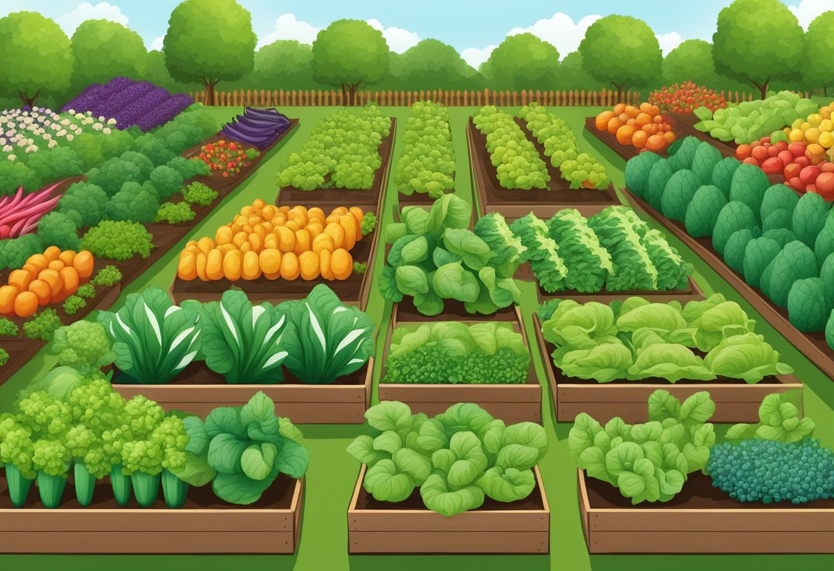 A flourishing vegetable garden with a variety of plants, neatly arranged rows, and vibrant colors, showcasing healthy and thriving produce