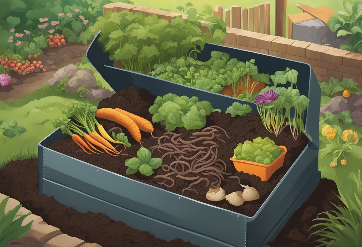 Rich, dark soil teeming with earthworms and decomposing organic matter. A compost bin overflowing with kitchen scraps and yard waste. A diverse array of vegetables thriving in nutrient-rich soil