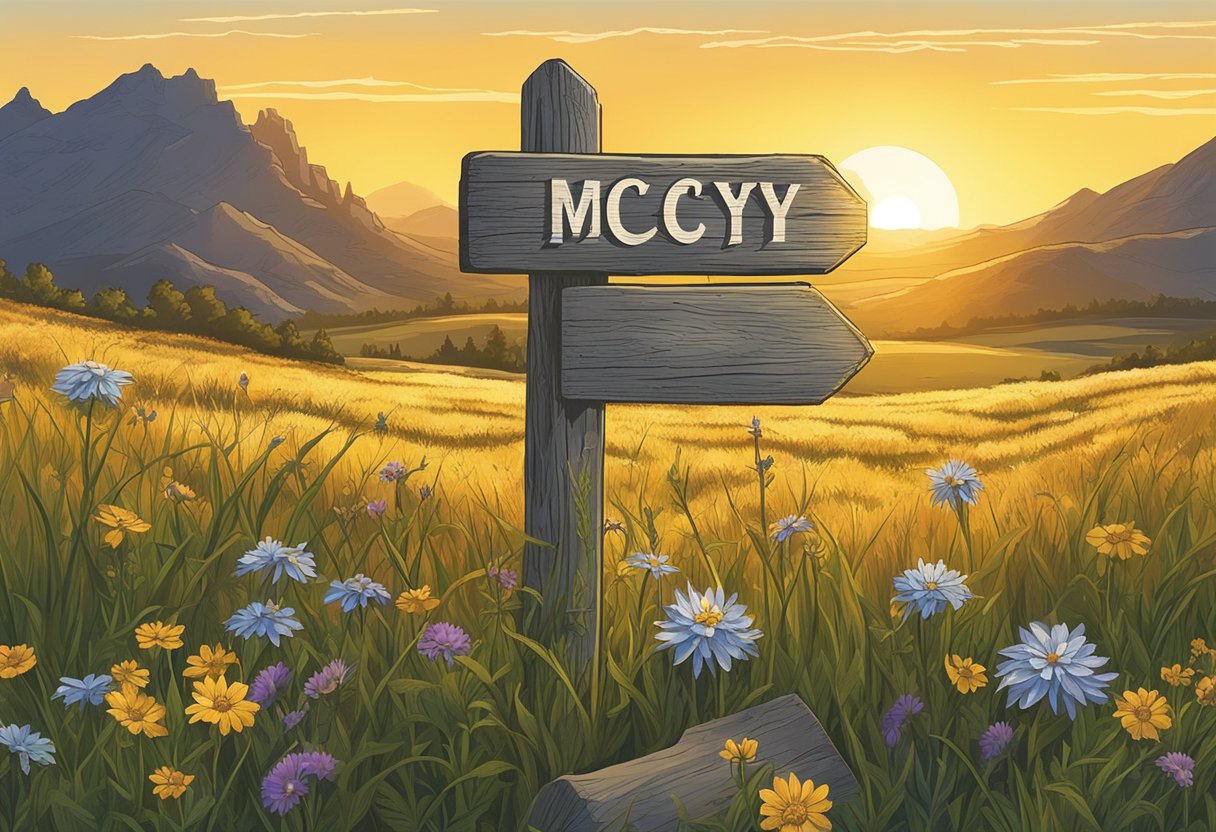 A rustic, weathered signpost with "McCoy" etched on it, surrounded by tall grass and wildflowers, under a golden sunset