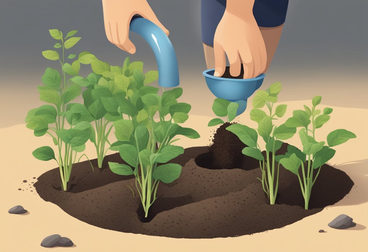 A person digs a small hole, places a seedling inside, and gently covers it with soil. They water the newly planted vegetable and move on to the next spot