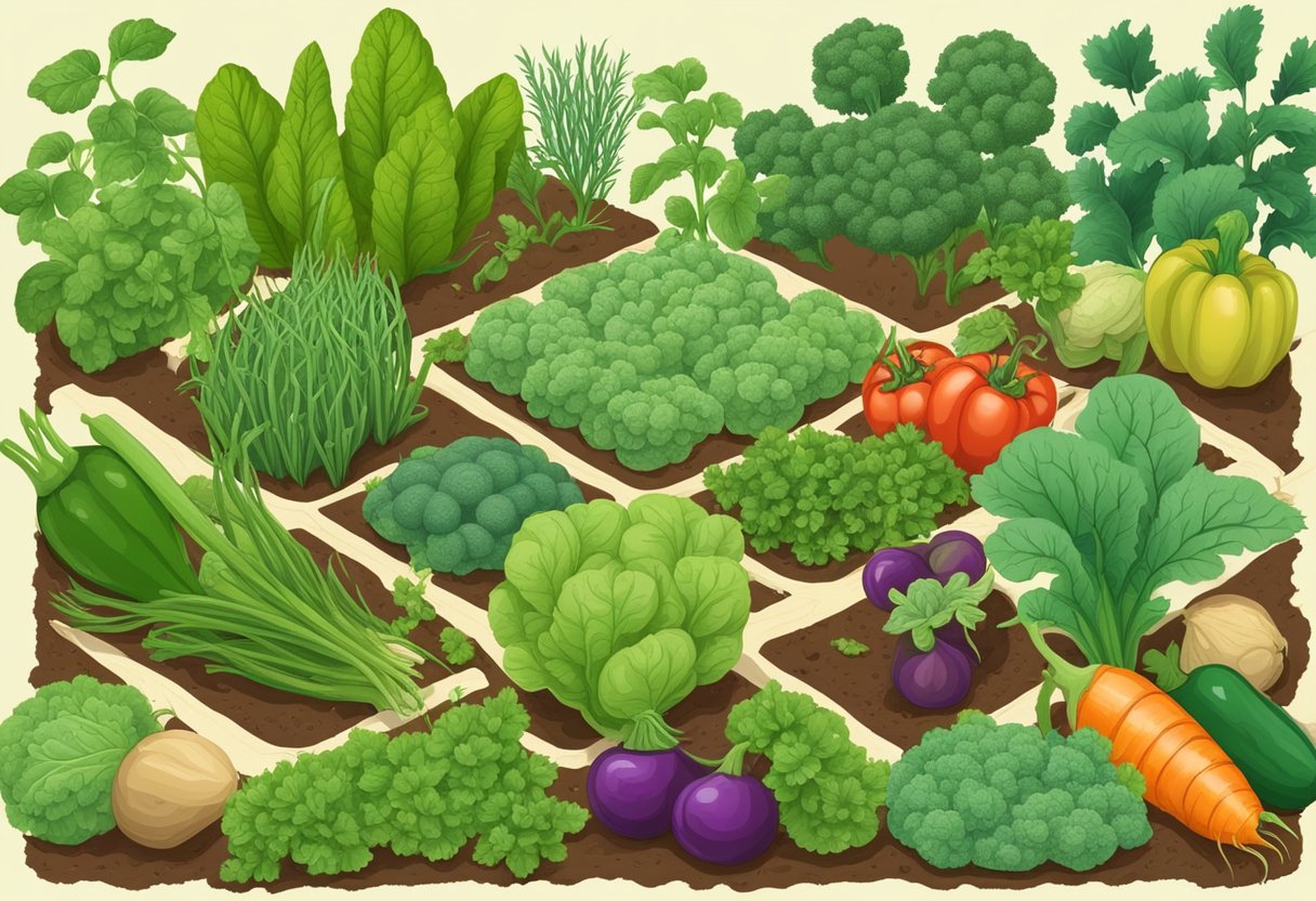 Healthy vegetables surrounded by natural pest control methods like companion planting and beneficial insects. No signs of disease