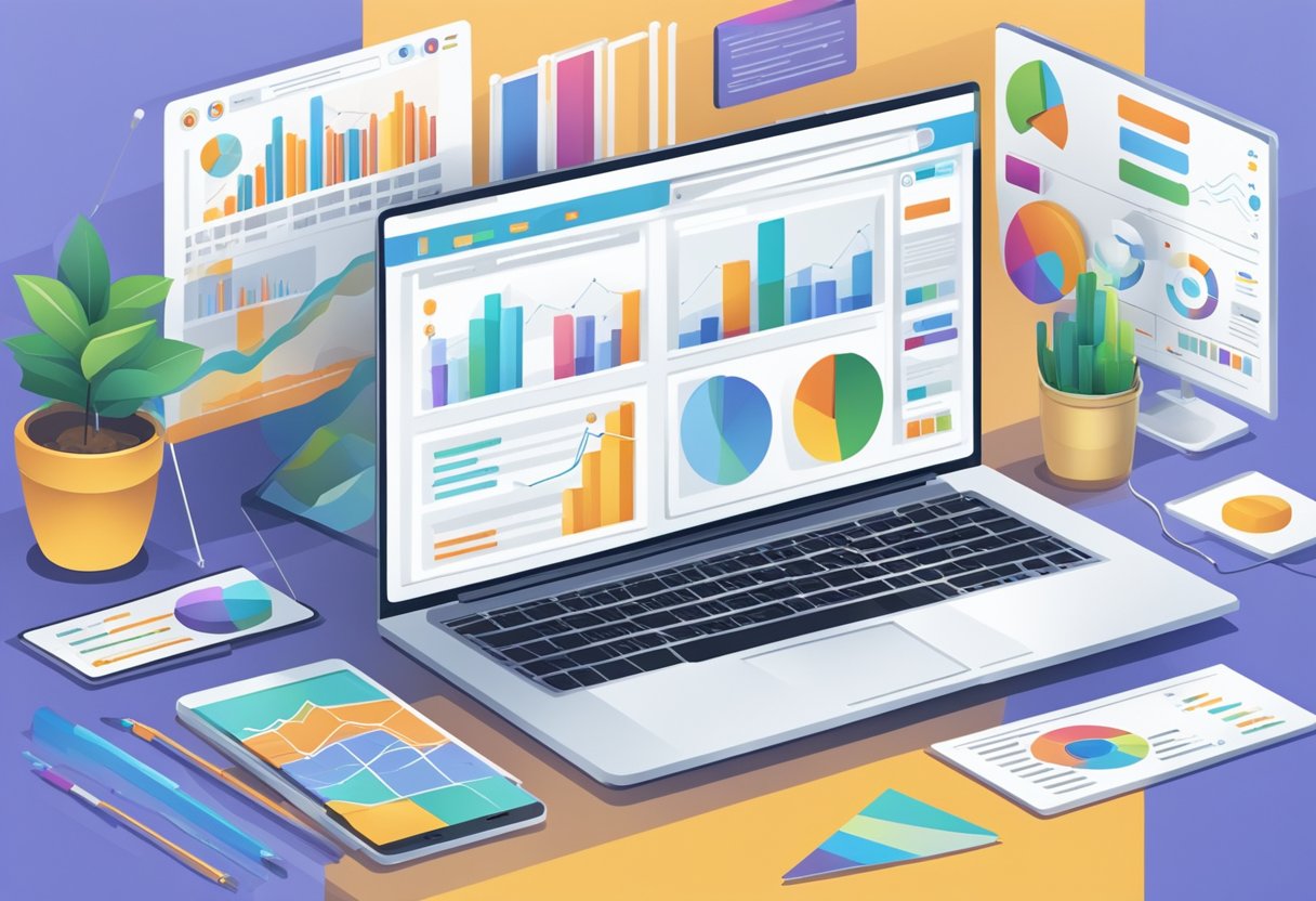 A laptop displaying a website with high traffic and conversion rates, surrounded by SEO tools and analytics charts