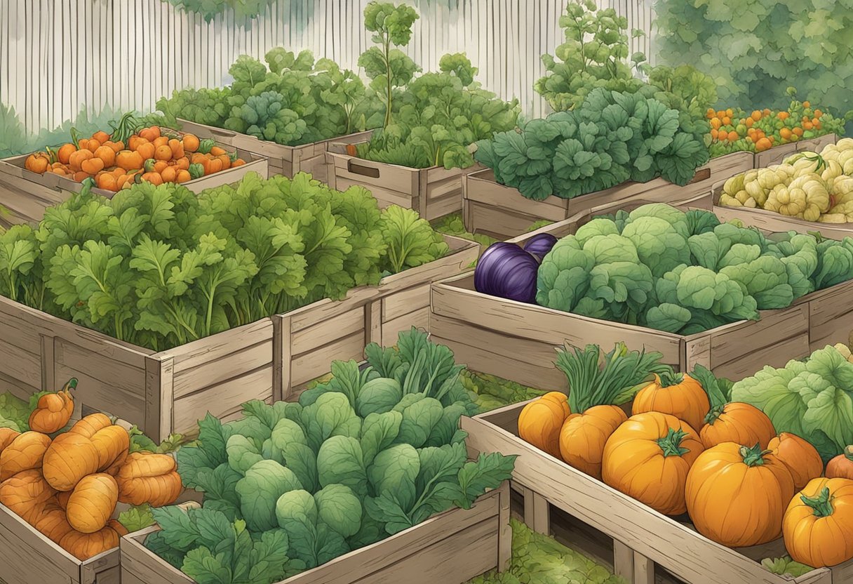 Vegetables being harvested and stored in baskets and crates in a garden setting