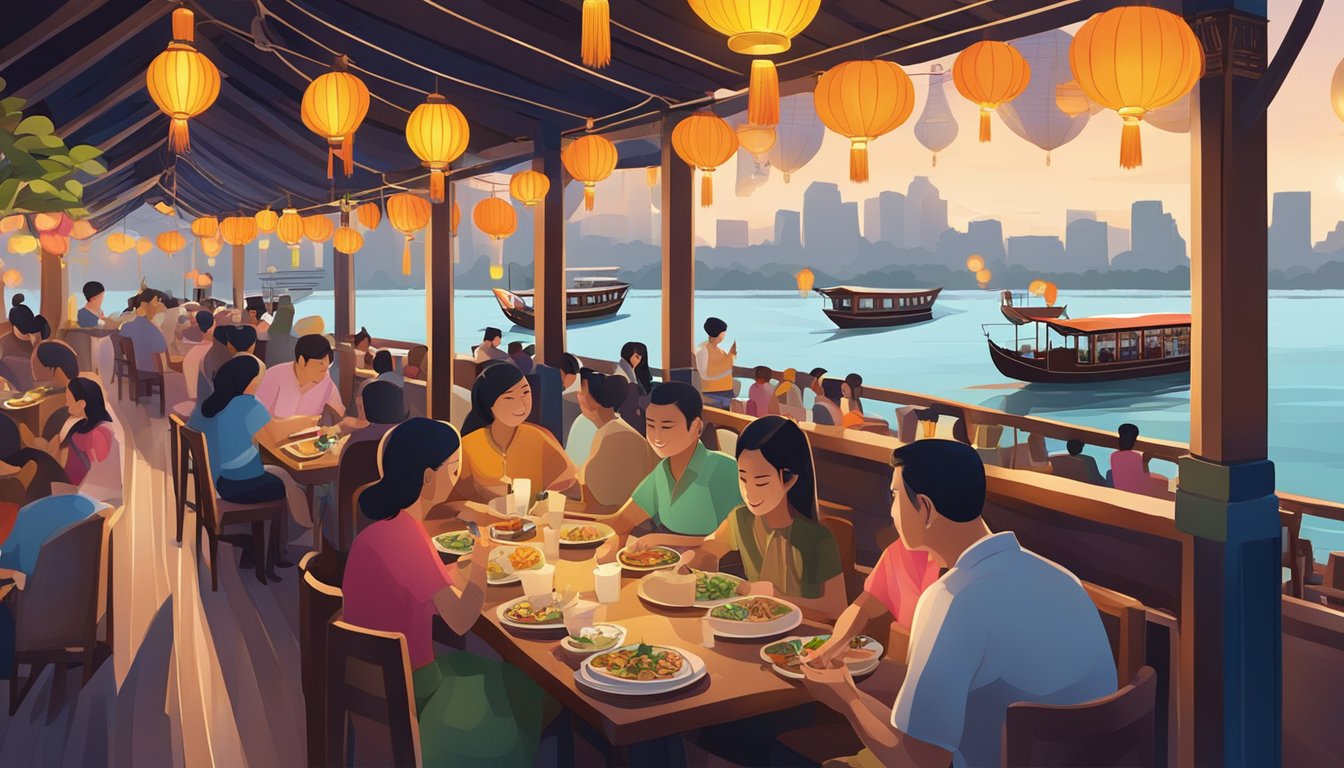 A bustling Thai restaurant on a boat at Boat Quay, with colorful lanterns, bustling tables, and the river flowing in the background