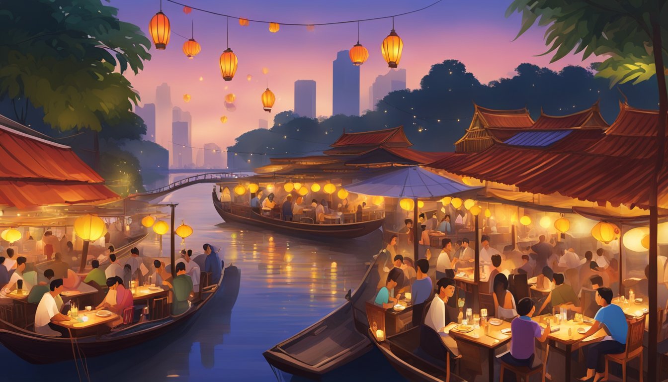 A bustling Thai restaurant on Boat Quay, with colorful lanterns hanging overhead and the aroma of spicy curries and grilled meats wafting through the air. Tables are filled with diners enjoying their meals as the sun sets over the river