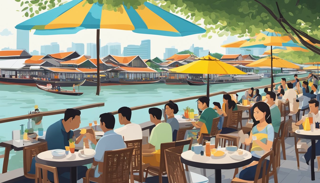 Customers enjoy a riverside view at a bustling Thai restaurant on Boat Quay, with colorful umbrellas shading outdoor seating
