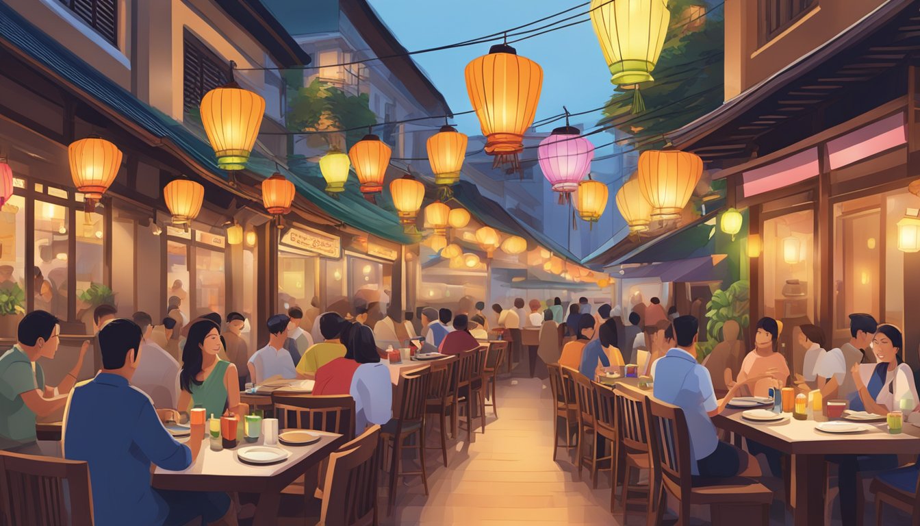 A bustling Thai restaurant on Boat Quay, with colorful lanterns hanging outside and a line of customers waiting to be seated