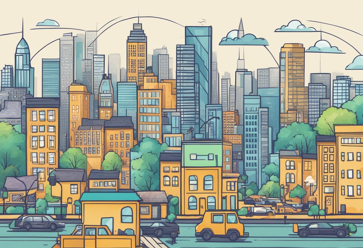 A bustling city skyline with a network of interconnected businesses, each labeled as an affiliate, with one prominently standing out as the "Super Affiliate Side Hustle."