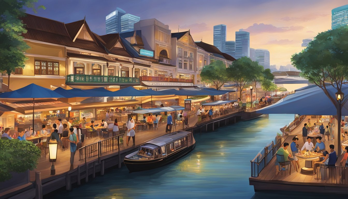 The vibrant Clarke Quay Central restaurants bustle with diners, overlooking the picturesque Singapore River