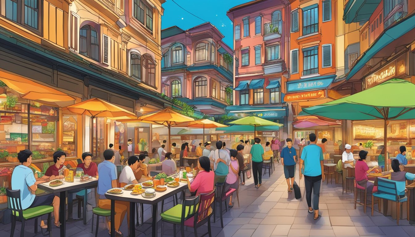 A bustling array of international cuisines line the vibrant promenade, with colorful storefronts and bustling outdoor seating. The aroma of sizzling meats and spices fills the air, as visitors explore the diverse culinary delights at Clarke Quay Central