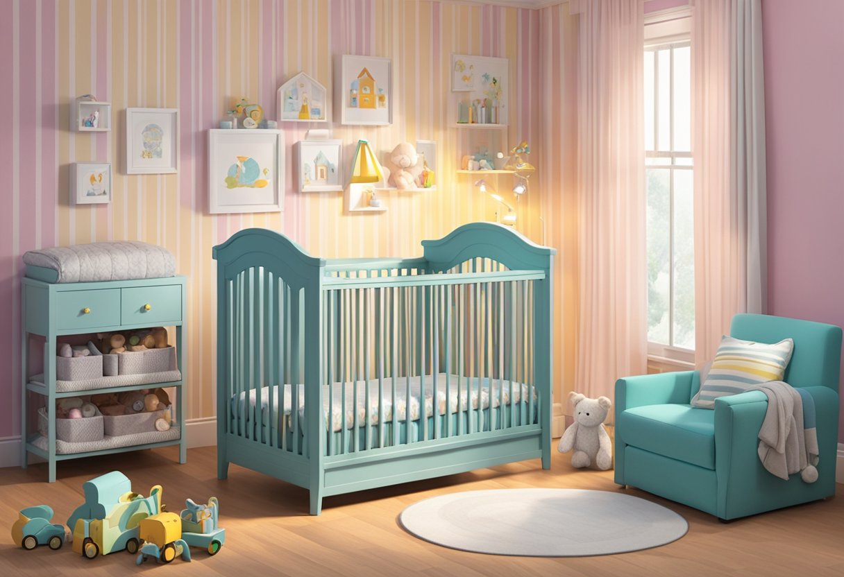 A colorful nursery with a crib adorned with the name "McKenna" in playful letters, surrounded by toys and soft blankets