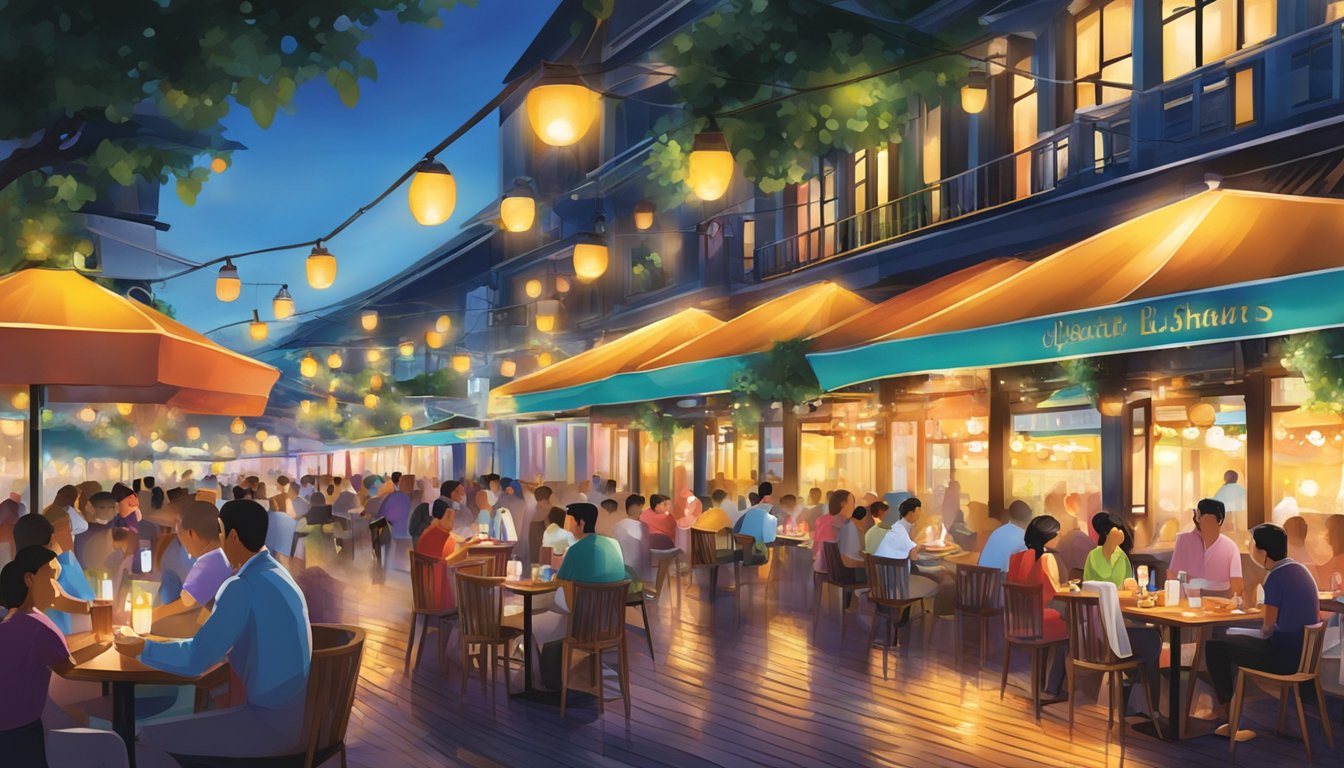 Vibrant lights reflect off the waters as diners enjoy lively conversations at the bustling Clarke Quay Central restaurants