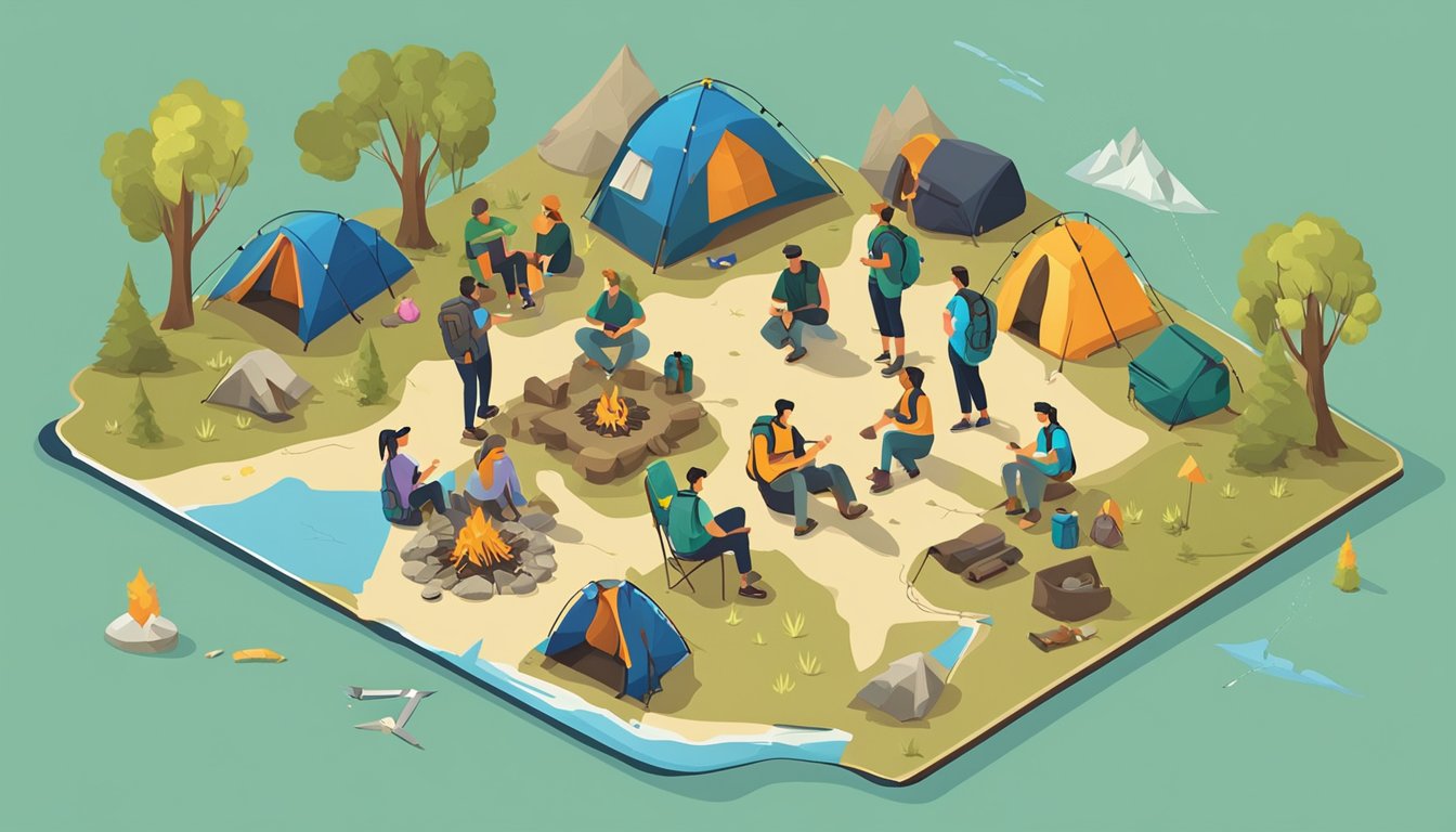 A group of friends sits around a campfire, surrounded by tents and backpacks. A map of North America is spread out on the ground, with various destinations marked with colorful pins