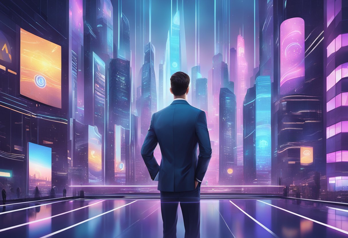 A futuristic cityscape with holographic billboards displaying affiliate marketing logos. A figure in a sleek suit overlooks the scene from a high-rise building