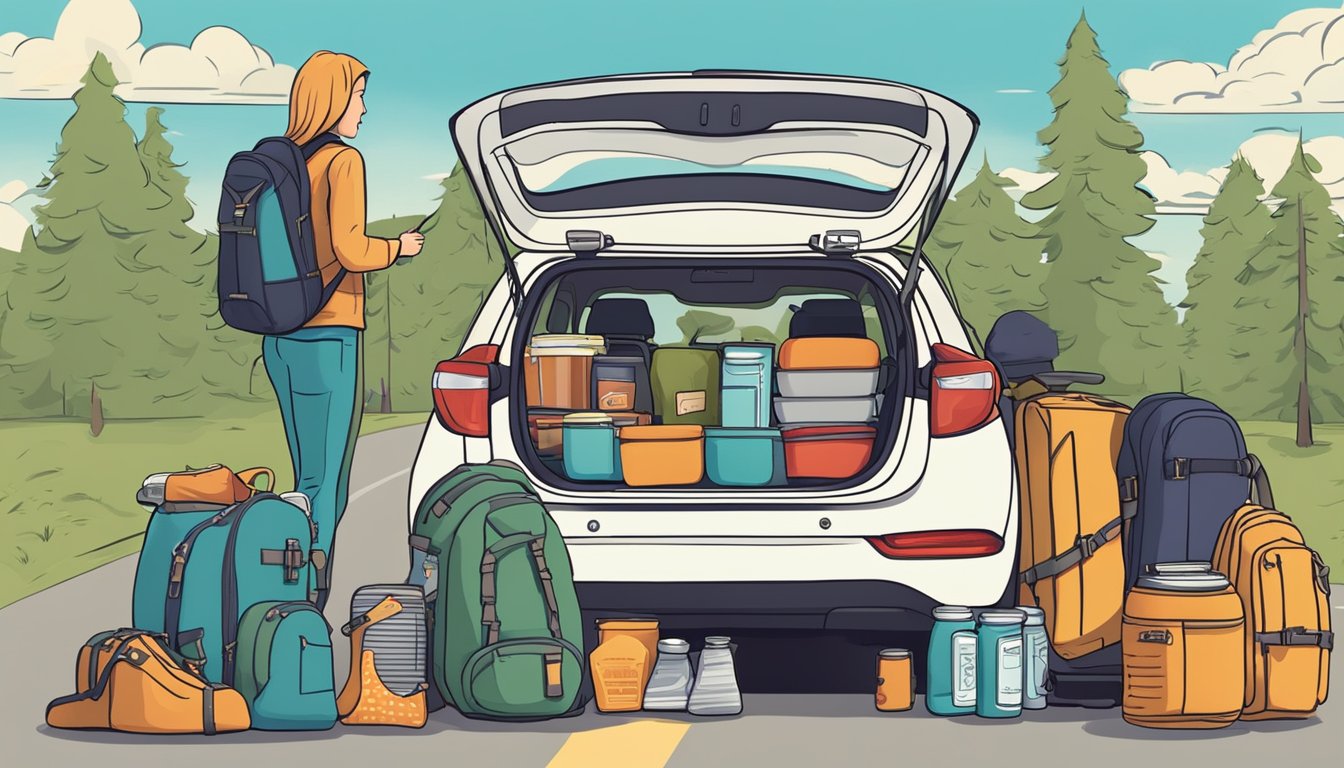 A group of friends packs a compact car with camping gear and snacks, ready to embark on a budget-friendly road trip across North America